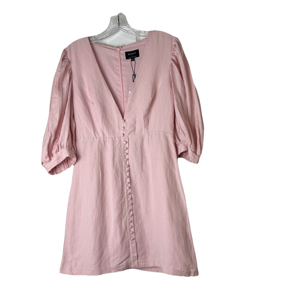 Bardot Women's Size 8 Mini Dress Pink Puff Sleeve Linen‎ Blend Lined V Neck NWT